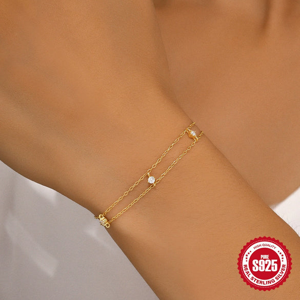 Wholesale Women's S925 Sterling Silver Geometric Double Diamond Fashion Bracelet Electroplated Stacked Wearing