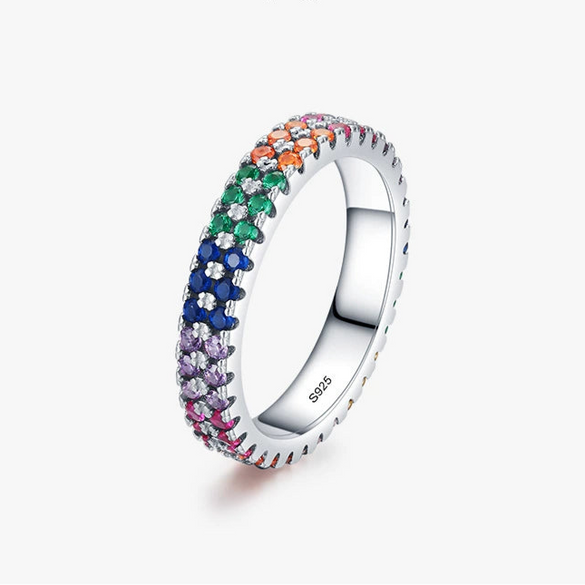 Wholesale Women's S925 Sterling Silver Geometric Fashion Ring With Rainbow Full Diamond Stack Wearing And Seiko Design