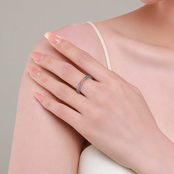 Wholesale Women's S925 Sterling Silver Geometric Fashion Ring With Rainbow Full Diamond Stack Wearing And Seiko Design