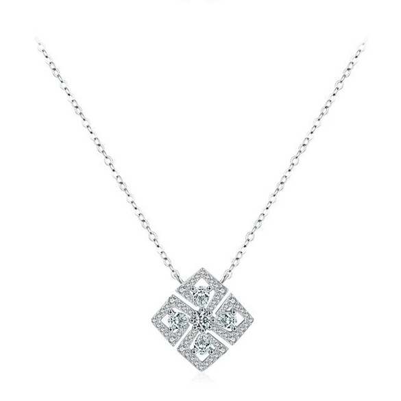 Wholesale Women's S925 Sterling Silver Geometric Flower Pendant Necklace With Gem Inlaid And Cross Chain