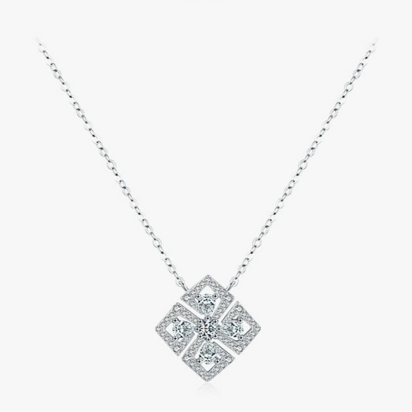 Wholesale Women's S925 Sterling Silver Geometric Flower Pendant Necklace With Gem Inlaid And Cross Chain