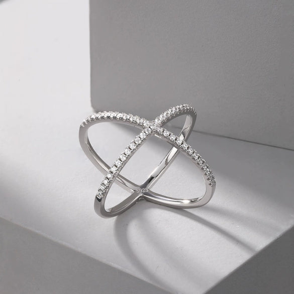 Wholesale Women's S925 Sterling Silver Geometric Light Luxury Zircon Inlaid Cross Overlapping Ring With Electroplating