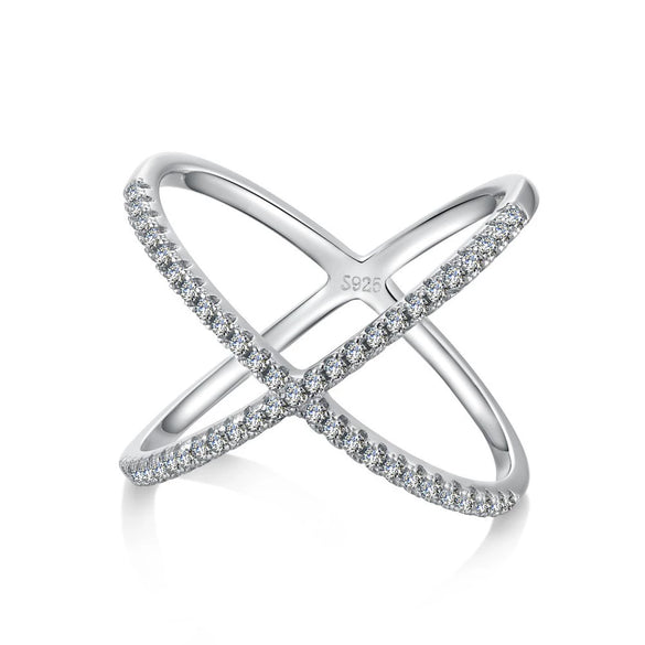 Wholesale Women's S925 Sterling Silver Geometric Light Luxury Zircon Inlaid Cross Overlapping Ring With Electroplating