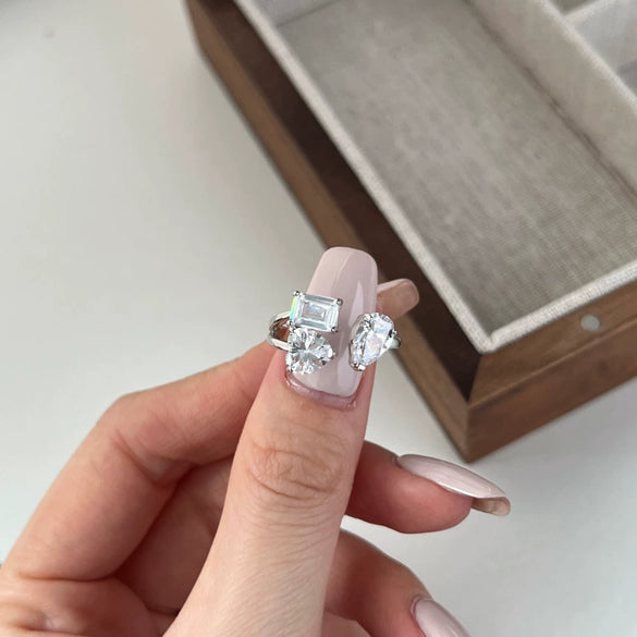 Wholesale Women's S925 Sterling Silver Geometric Love Zircon Inlaid Open Ring With Electroplating