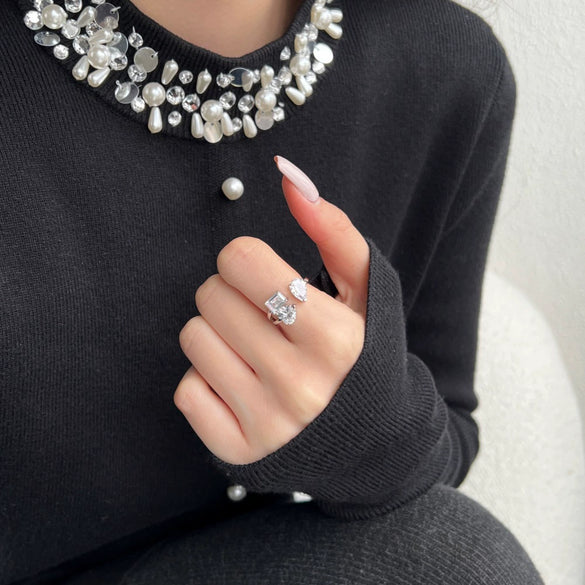 Wholesale Women's S925 Sterling Silver Geometric Love Zircon Inlaid Open Ring With Electroplating