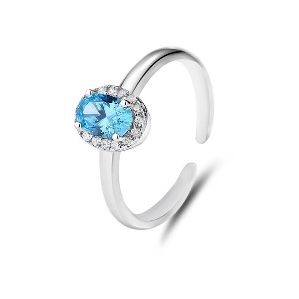 Wholesale Women's S925 Sterling Silver Geometric Open Ring With Aquamarine Pigeon Egg Zircon Electroplated
