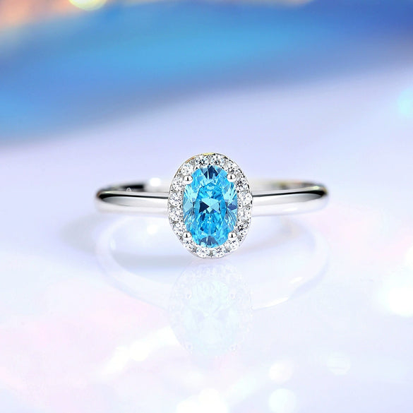 Wholesale Women's S925 Sterling Silver Geometric Open Ring With Aquamarine Pigeon Egg Zircon Electroplated