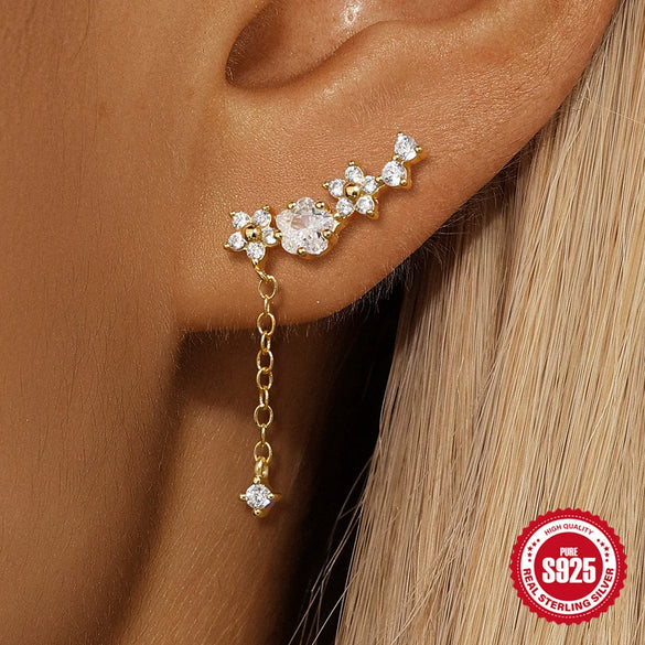 Wholesale Women's S925 Sterling Silver Geometric Petal Zircon Pendant Earrings With Electroplating And Simple Style