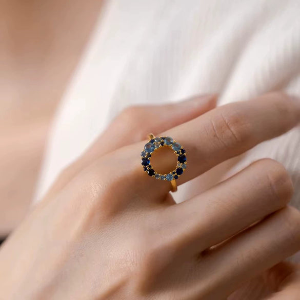 Wholesale Women's S925 Sterling Silver Geometric Round Blue Gradient Ring Electroplated