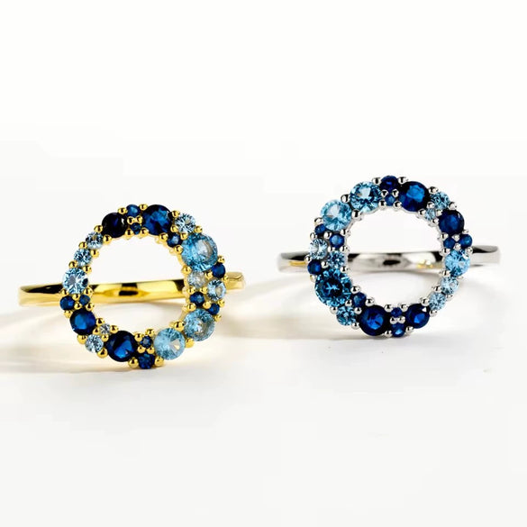Wholesale Women's S925 Sterling Silver Geometric Round Blue Gradient Ring Electroplated