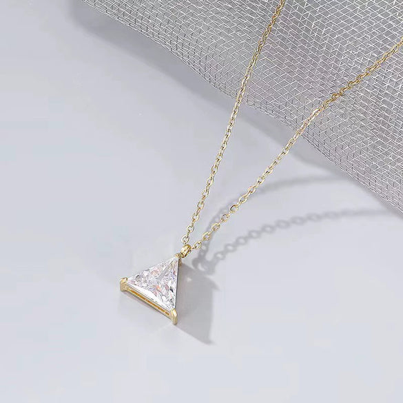 Wholesale Women's S925 Sterling Silver Geometric Single Diamond Triangle Pendant Necklace Plated With 14K Gold