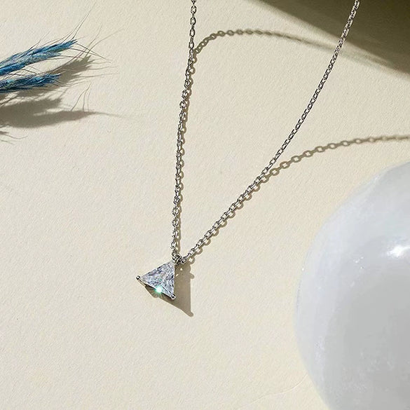 Wholesale Women's S925 Sterling Silver Geometric Single Diamond Triangle Pendant Necklace Plated With 14K Gold