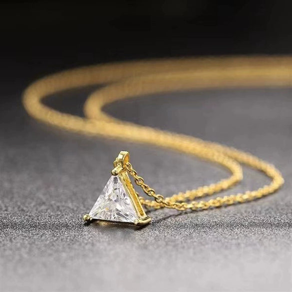 Wholesale Women's S925 Sterling Silver Geometric Single Diamond Triangle Pendant Necklace Plated With 14K Gold