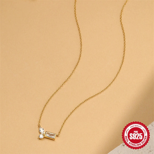 Wholesale Women's S925 Sterling Silver Geometric Square Horse Eye Diamondencrusted Electroplated Allmatch Clavicle Necklace With O Chain