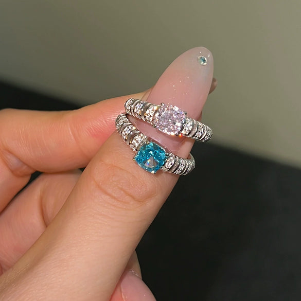 Wholesale Women's S925 Sterling Silver Geometric Square Ice Flower Cut Zircon Ring With Electroplating