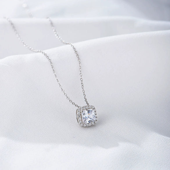Wholesale Women's S925 Sterling Silver Geometric Square Zircon Necklace With Cross Chain