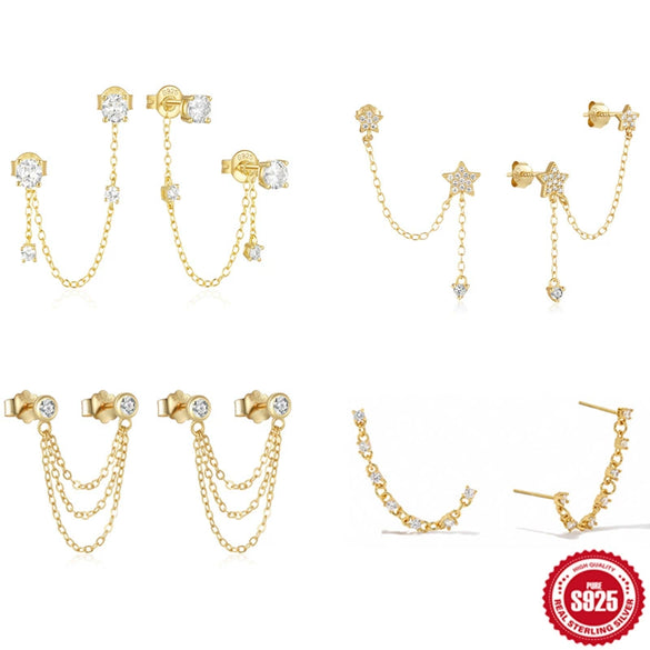 Wholesale Women's S925 Sterling Silver Geometric Star Tassel Chain Ear Stud Stacking Earrings