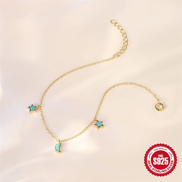 Wholesale Women's S925 Sterling Silver Geometric Starshaped Moon Mix Bracelet With Turquoise Electroplated Chain Finger Jewelry
