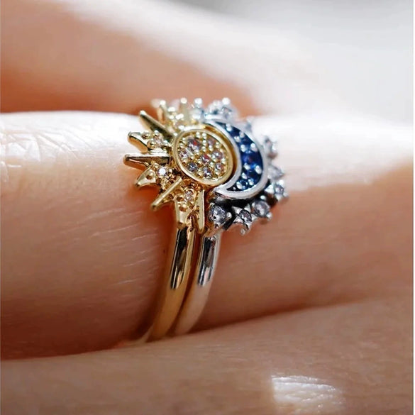 Wholesale Women's S925 Sterling Silver Geometric Sun Moon Star Ring Set Electroplated