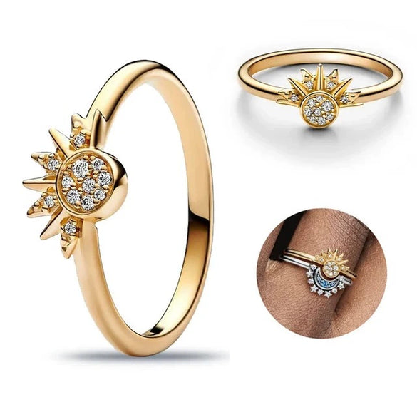Wholesale Women's S925 Sterling Silver Geometric Sun Moon Star Ring Set Electroplated