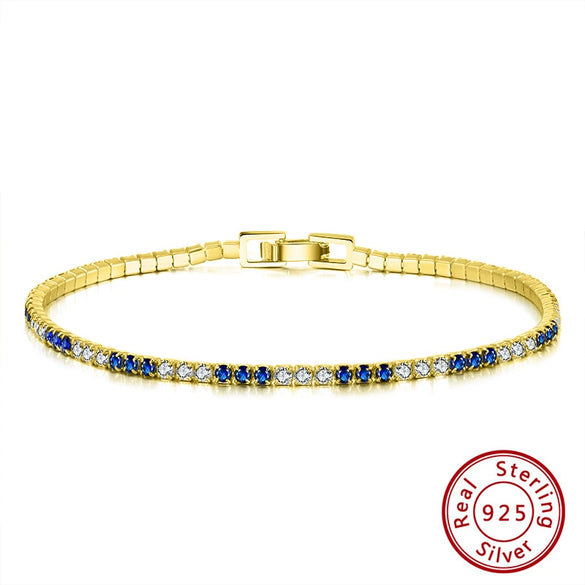Wholesale Women's S925 Sterling Silver Geometric Tennis Chain Bracelet With Blue Zirconium Electroplated