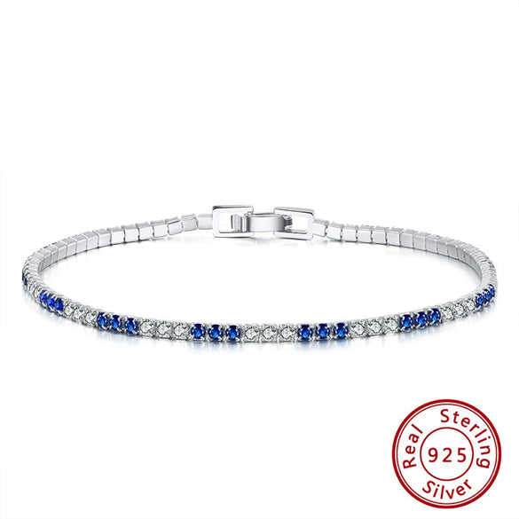Wholesale Women's S925 Sterling Silver Geometric Tennis Chain Bracelet With Blue Zirconium Electroplated