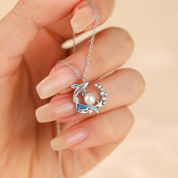 Wholesale Women's S925 Sterling Silver Geometric Whale Drop Necklace With Inlaid Zircon And Cross Chain