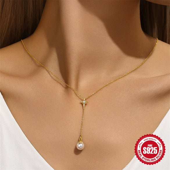 Wholesale Women's S925 Sterling Silver Geometric Y Shaped Clavicle Chain With Pearl And Electroplating Design