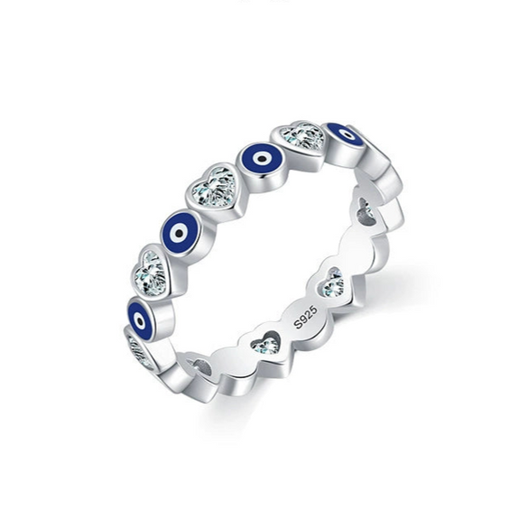 Wholesale Women's S925 Sterling Silver Heartshaped Blue Eye Zircon Ring With Dripping Glue Design