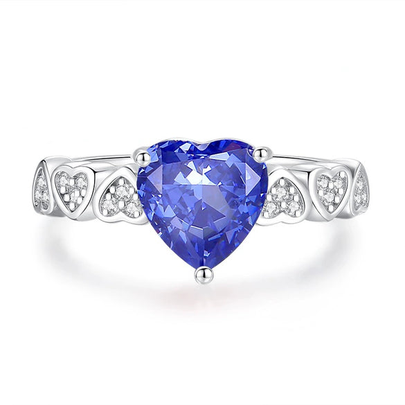 Wholesale Women's S925 Sterling Silver Heartshaped Ring With Sapphire Aquamarine And High Carbon Diamond