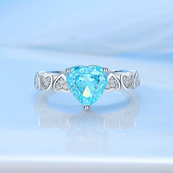 Wholesale Women's S925 Sterling Silver Heartshaped Ring With Sapphire Aquamarine And High Carbon Diamond