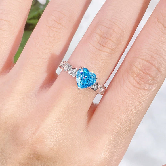 Wholesale Women's S925 Sterling Silver Heartshaped Ring With Sapphire Aquamarine And High Carbon Diamond