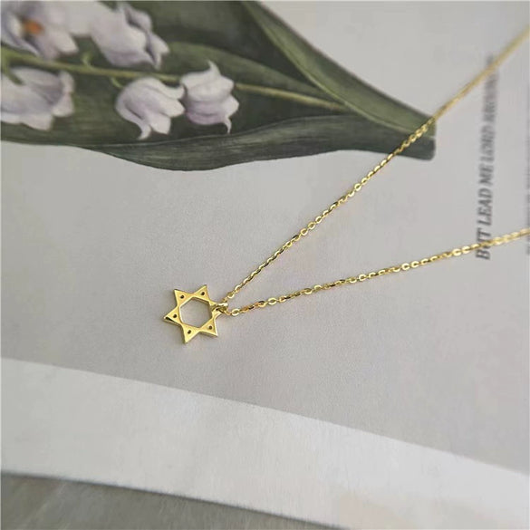 Wholesale Women's S925 Sterling Silver Hexagonal Star Diamond Pendant Necklace 14K Gold Plated