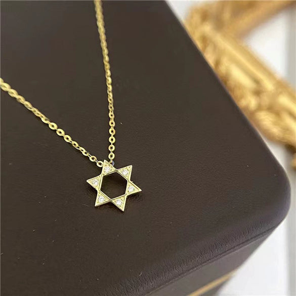 Wholesale Women's S925 Sterling Silver Hexagonal Star Diamond Pendant Necklace 14K Gold Plated