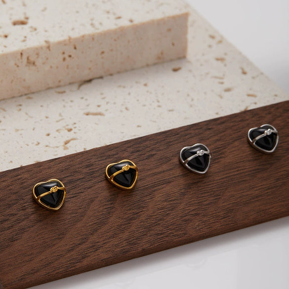 Wholesale Women's S925 Sterling Silver Inlaid Natural Black Agate Heart Shaped Love Earrings