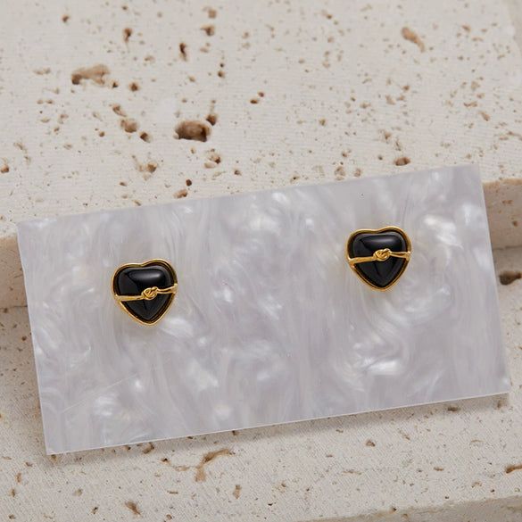 Wholesale Women's S925 Sterling Silver Inlaid Natural Black Agate Heart Shaped Love Earrings