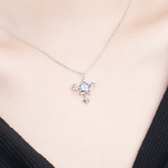 Wholesale Women's S925 Sterling Silver Inlaid Star Pendant Cross Chain Necklace