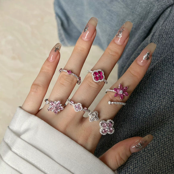 Wholesale Women's S925 Sterling Silver Light Luxury Floral Open Ring With Fourleaf Cone Zircon And Electroplating