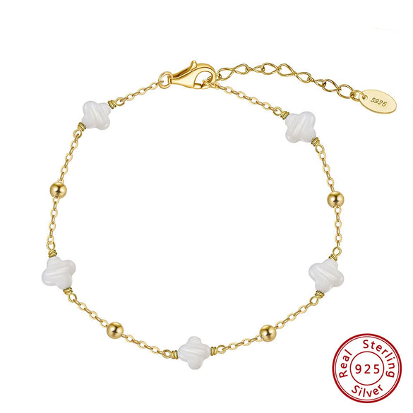 Wholesale Women's S925 Sterling Silver Love Adjustable Bracelet With Natural Mother Shell And Flower Pattern