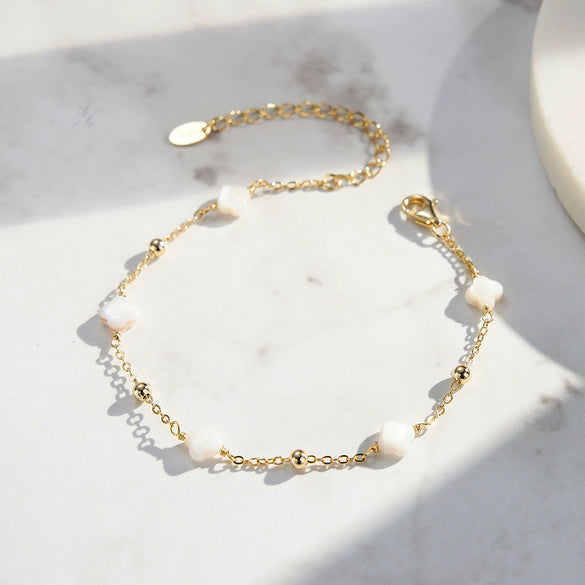 Wholesale Women's S925 Sterling Silver Love Adjustable Bracelet With Natural Mother Shell And Flower Pattern