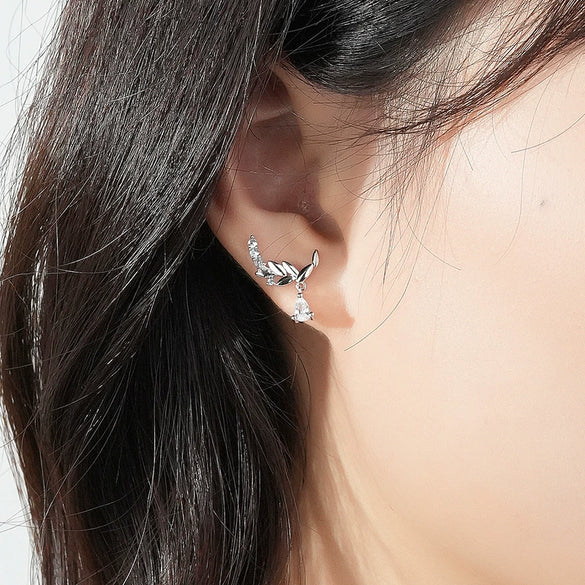 Wholesale Women's S925 Sterling Silver Micro Inlay Leaves Pattern Stud Earrings Inspired By 24 Solar Terms Grain Rain