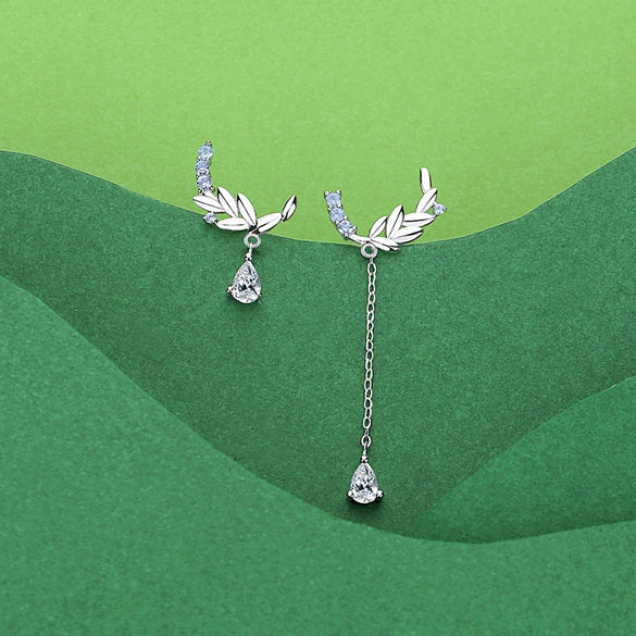 Wholesale Women's S925 Sterling Silver Micro Inlay Leaves Pattern Stud Earrings Inspired By 24 Solar Terms Grain Rain