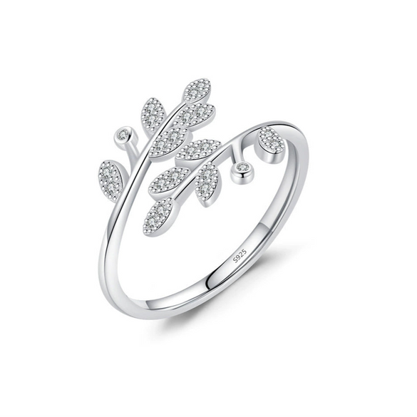 Wholesale Women's S925 Sterling Silver Microinlaid Zircon Leaf Open Ring Simple Fashion Finger Ring