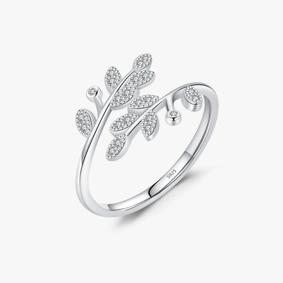 Wholesale Women's S925 Sterling Silver Microinlaid Zircon Leaf Open Ring Simple Fashion Finger Ring