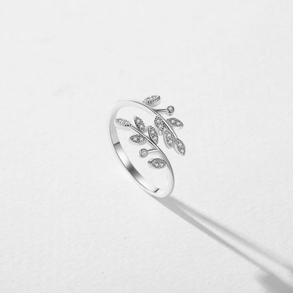 Wholesale Women's S925 Sterling Silver Microinlaid Zircon Leaf Open Ring Simple Fashion Finger Ring
