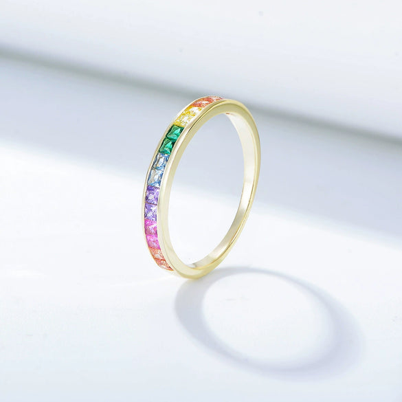 Wholesale Women's S925 Sterling Silver Micropaved Square Rainbow Zircon Ring With Geometric Design