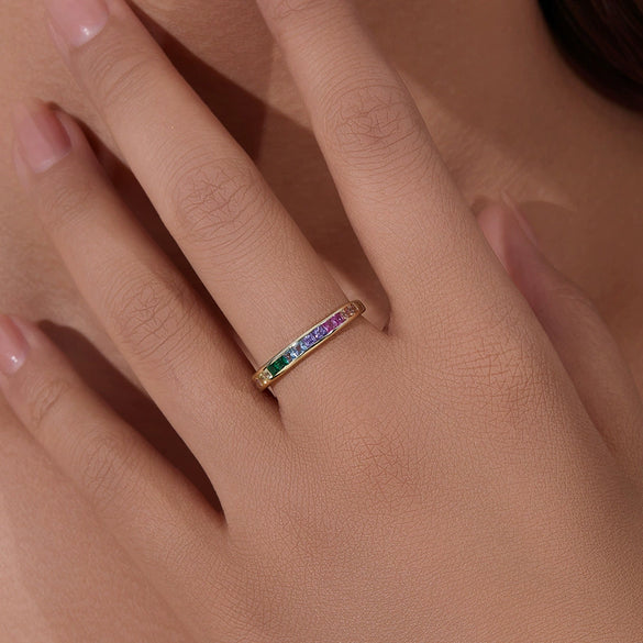 Wholesale Women's S925 Sterling Silver Micropaved Square Rainbow Zircon Ring With Geometric Design