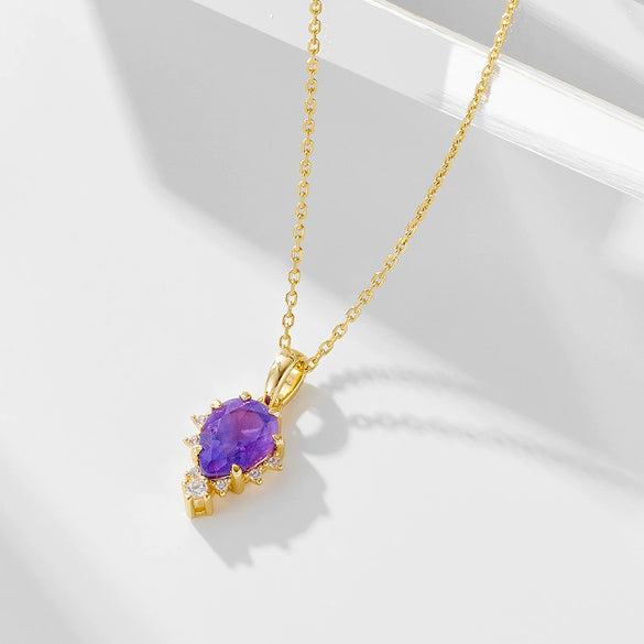 Wholesale Women's S925 Sterling Silver Natural Amethyst Drop Shape Pendant Necklace Set With Precious Stones