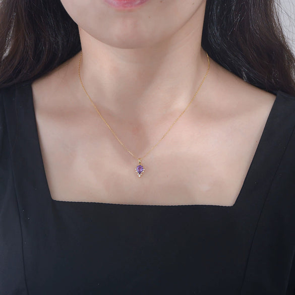 Wholesale Women's S925 Sterling Silver Natural Amethyst Drop Shape Pendant Necklace Set With Precious Stones