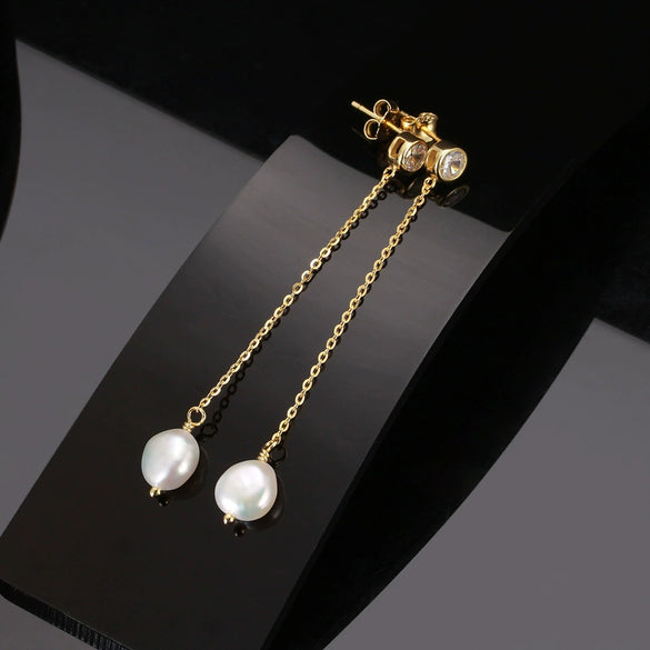 Wholesale Women's S925 Sterling Silver Natural Freshwater Pearl Baroque Geometric Earrings With Zircon